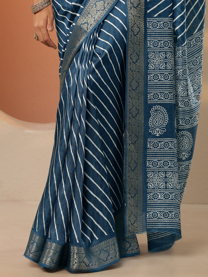 Navy blue Leheriya Printed Silk Blend Saree With Unstitched Blouse Piece