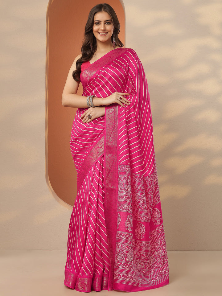 Pink Leheriya Printed Silk Blend Saree With Unstitched Blouse Piece