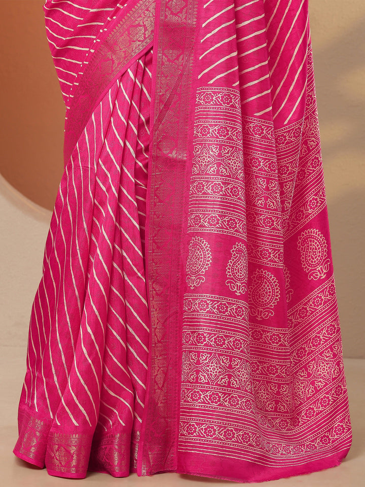 Pink Leheriya Printed Silk Blend Saree With Unstitched Blouse Piece