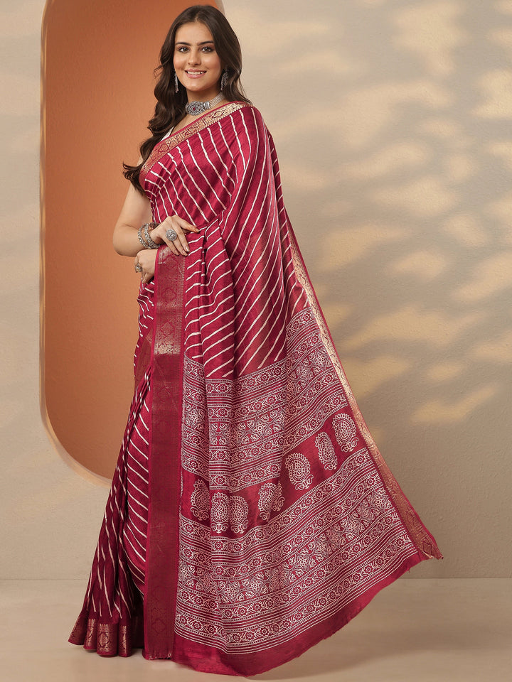 Maroon Leheriya Printed Silk Blend Saree With Unstitched Blouse Piece