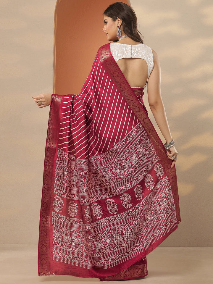 Maroon Leheriya Printed Silk Blend Saree With Unstitched Blouse Piece
