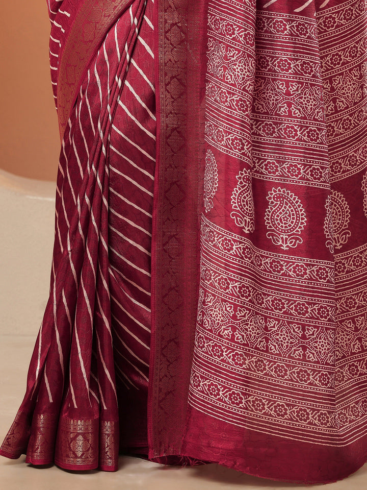 Maroon Leheriya Printed Silk Blend Saree With Unstitched Blouse Piece