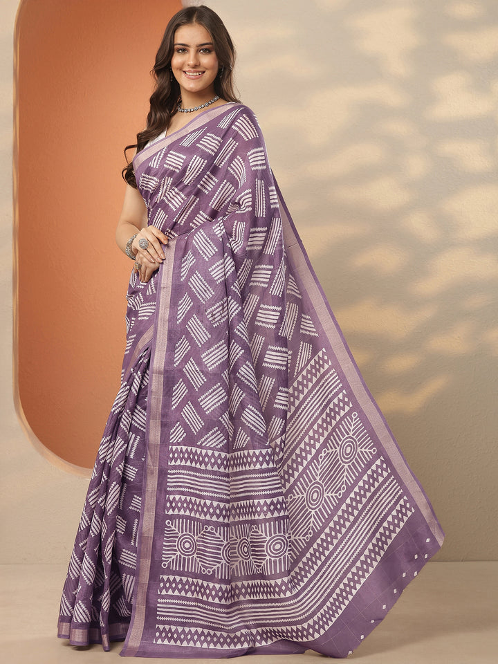 Lavender Printed Silk Blend Saree With Unstitched Blouse Piece