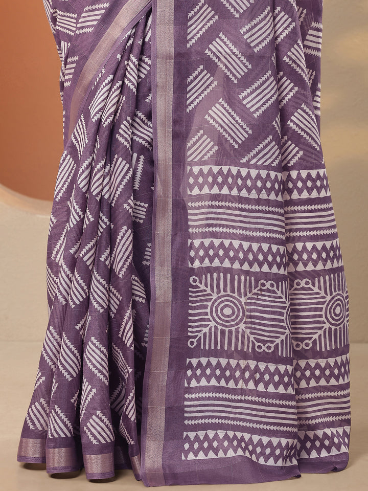 Lavender Printed Silk Blend Saree With Unstitched Blouse Piece