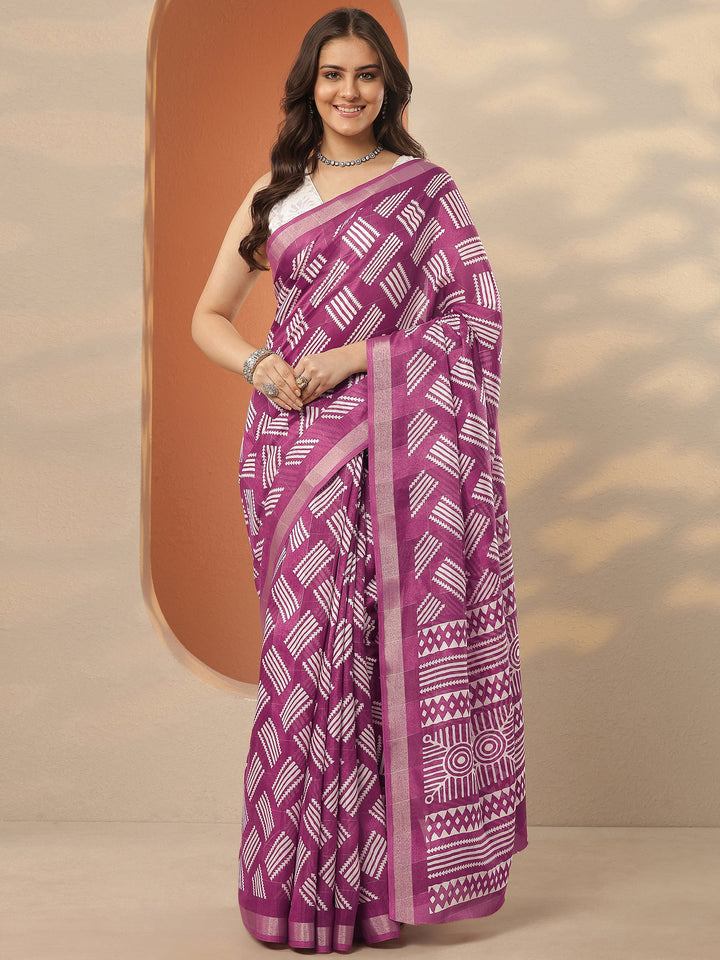 Mauve Printed Silk Blend Saree With Unstitched Blouse Piece