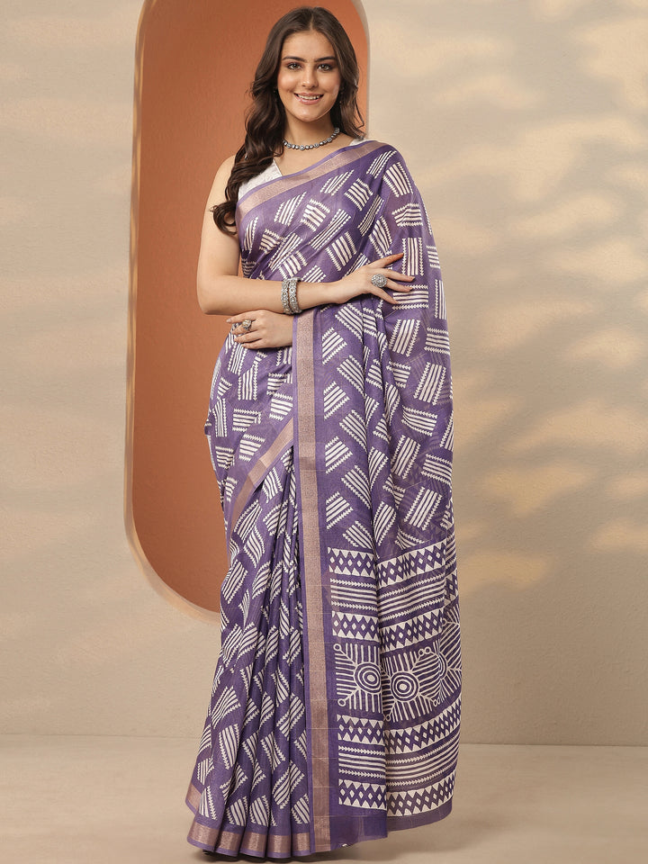 Lavender Printed Silk Blend Saree With Unstitched Blouse Piece