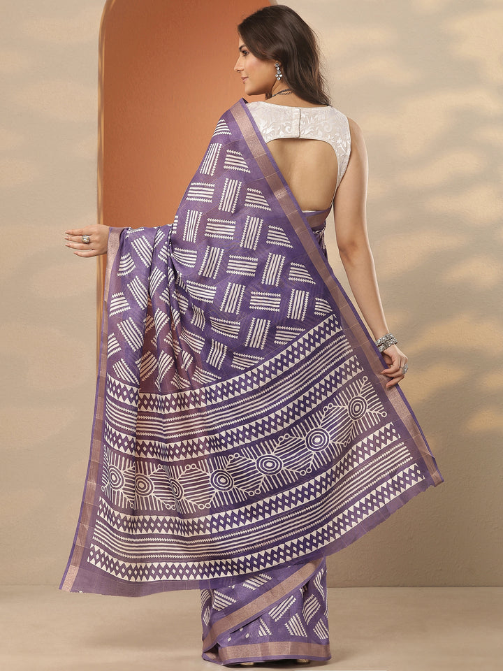 Lavender Printed Silk Blend Saree With Unstitched Blouse Piece