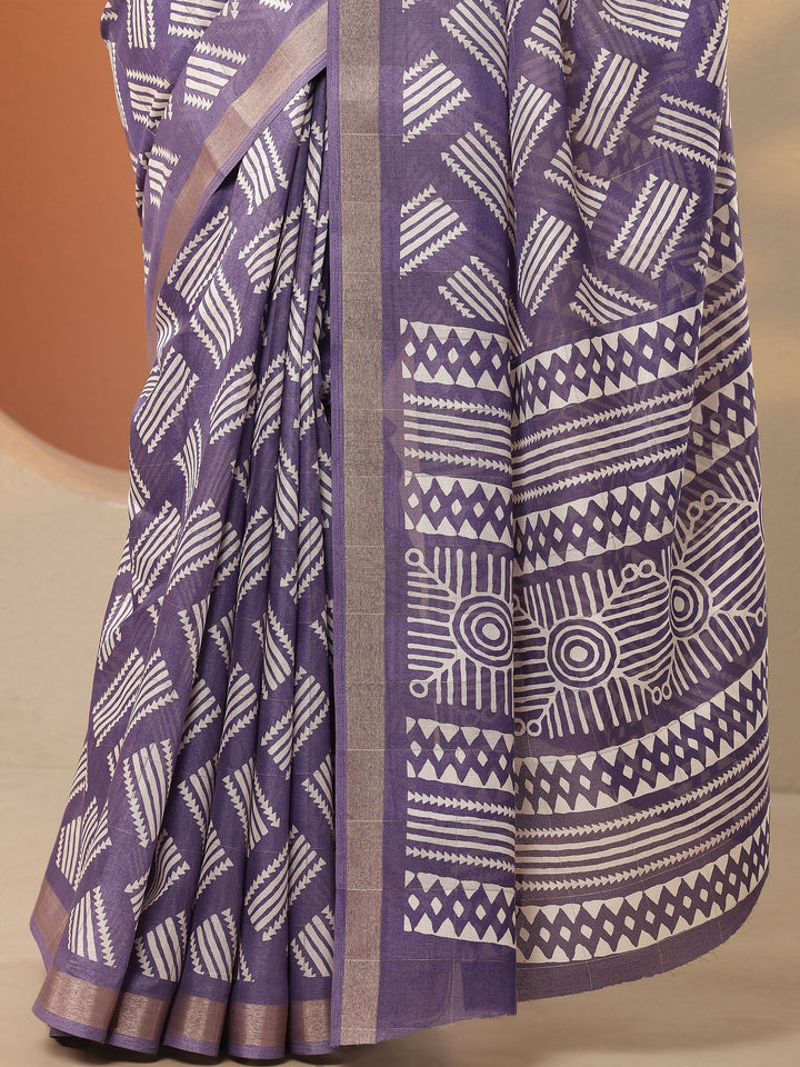 Lavender Printed Silk Blend Saree With Unstitched Blouse Piece