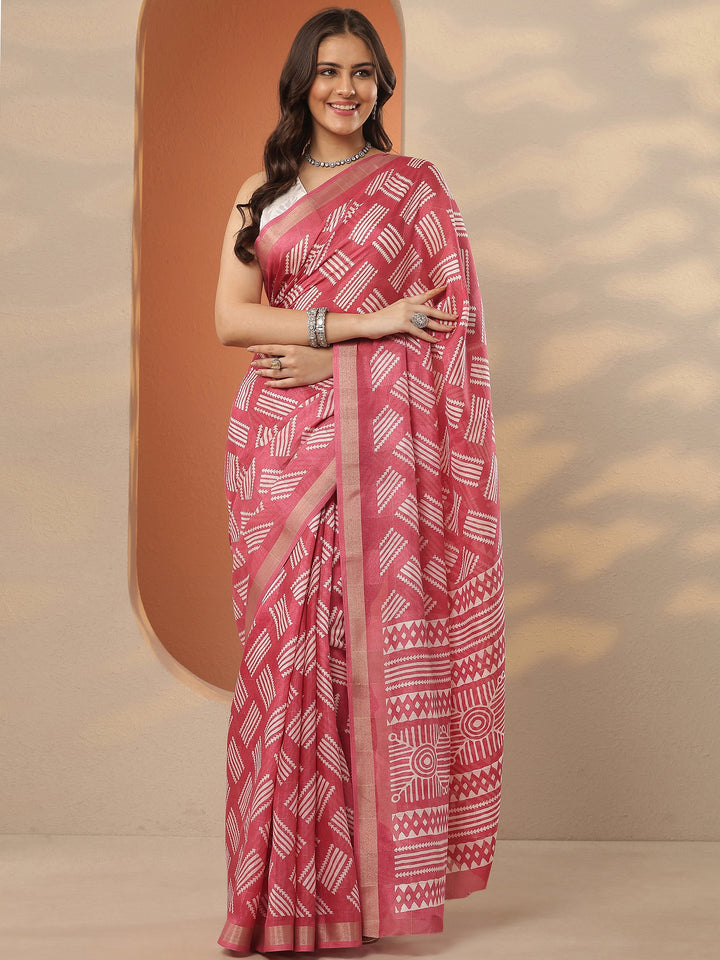 Pink Printed Silk Blend Saree With Unstitched Blouse Piece