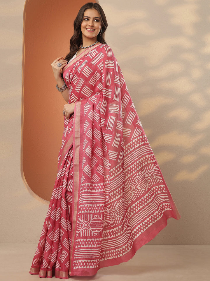 Pink Printed Silk Blend Saree With Unstitched Blouse Piece