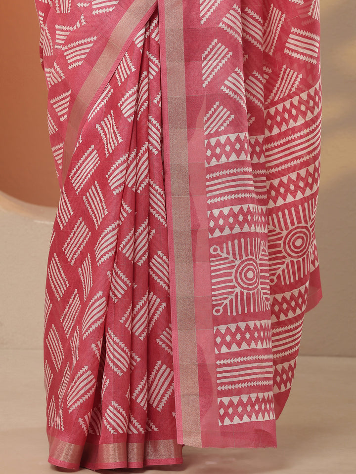 Pink Printed Silk Blend Saree With Unstitched Blouse Piece