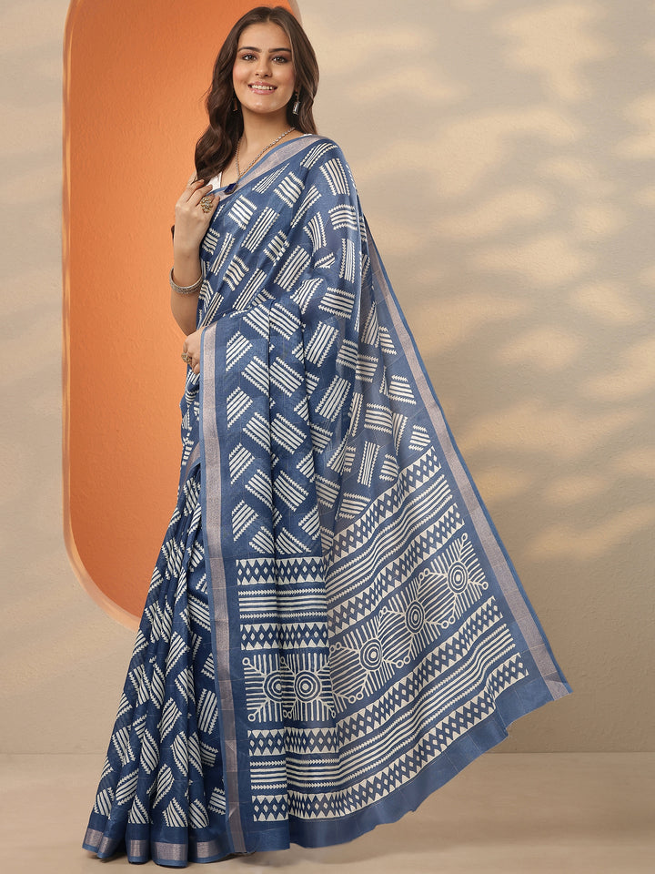 Grey Printed Silk Blend Saree With Unstitched Blouse Piece