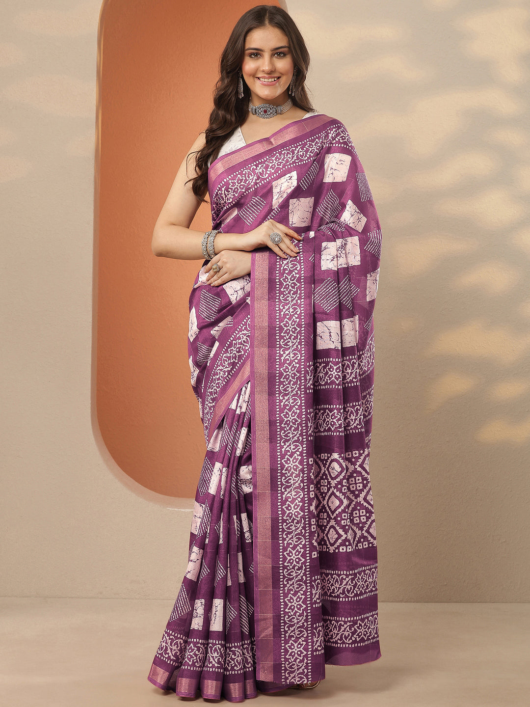 Mauve Printed Silk Blend Saree With Unstitched Blouse Piece