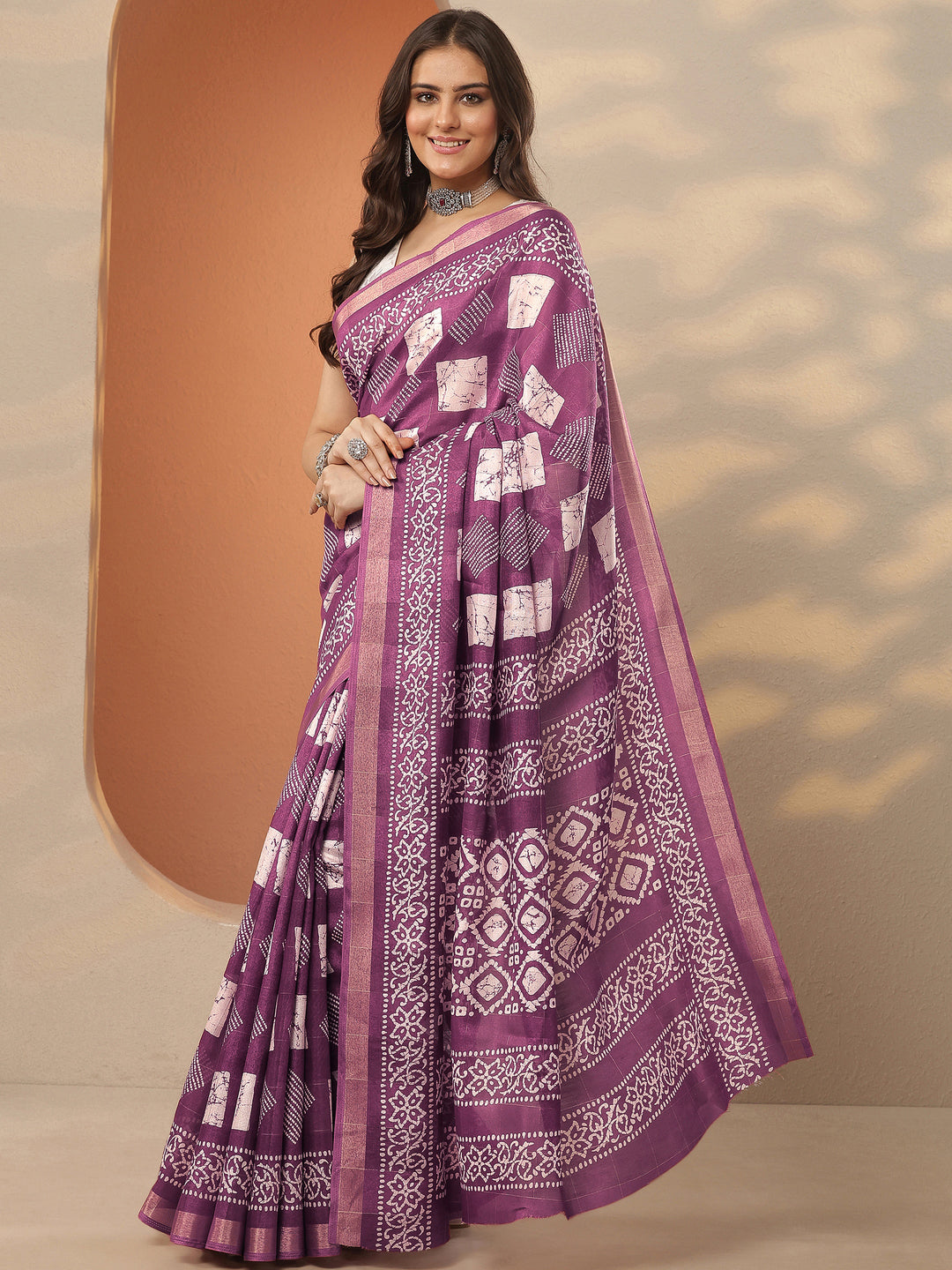 Mauve Printed Silk Blend Saree With Unstitched Blouse Piece