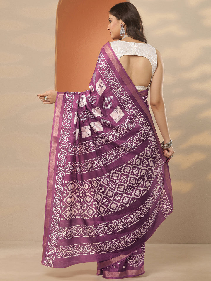 Mauve Printed Silk Blend Saree With Unstitched Blouse Piece
