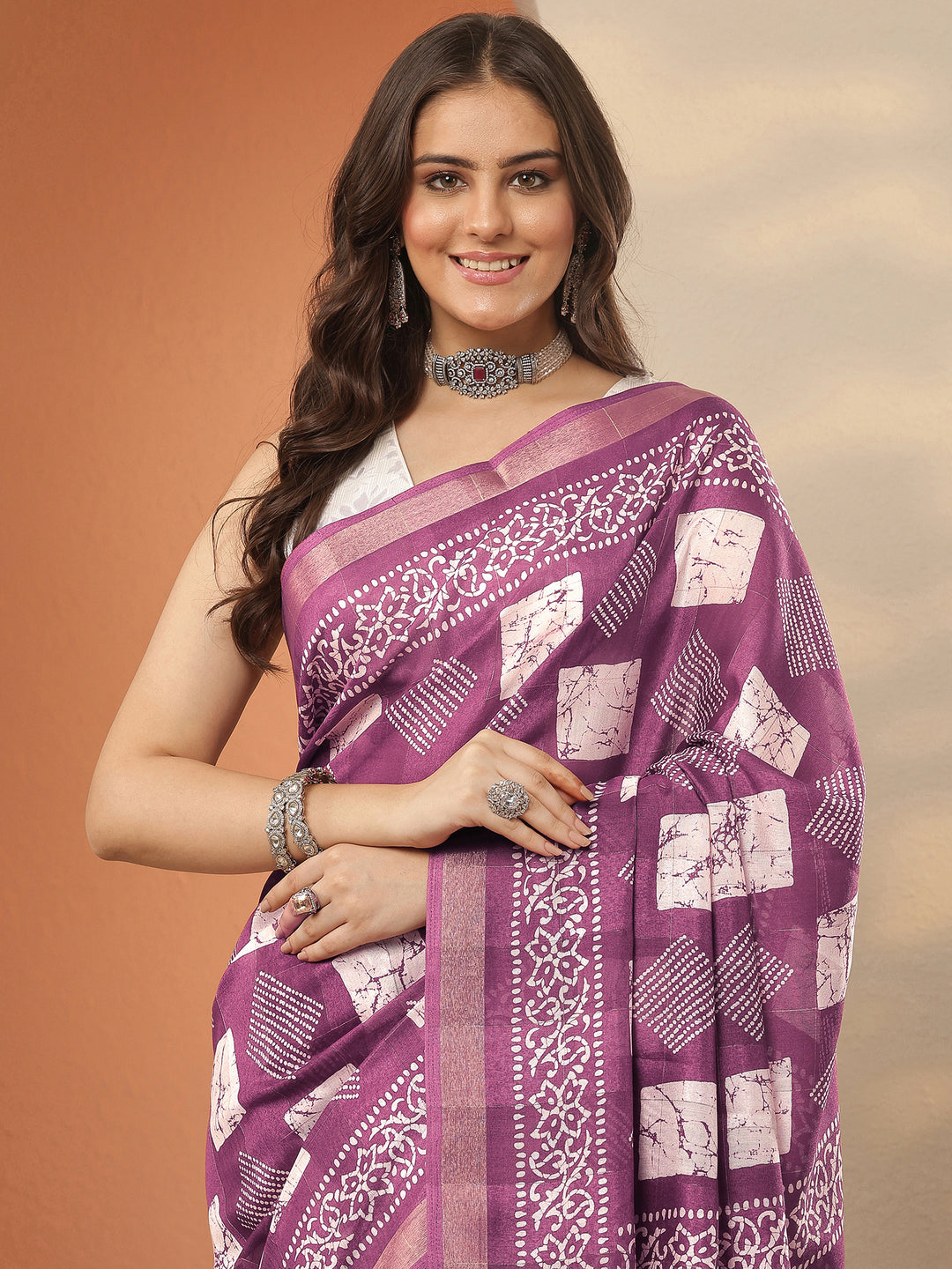 Mauve Printed Silk Blend Saree With Unstitched Blouse Piece