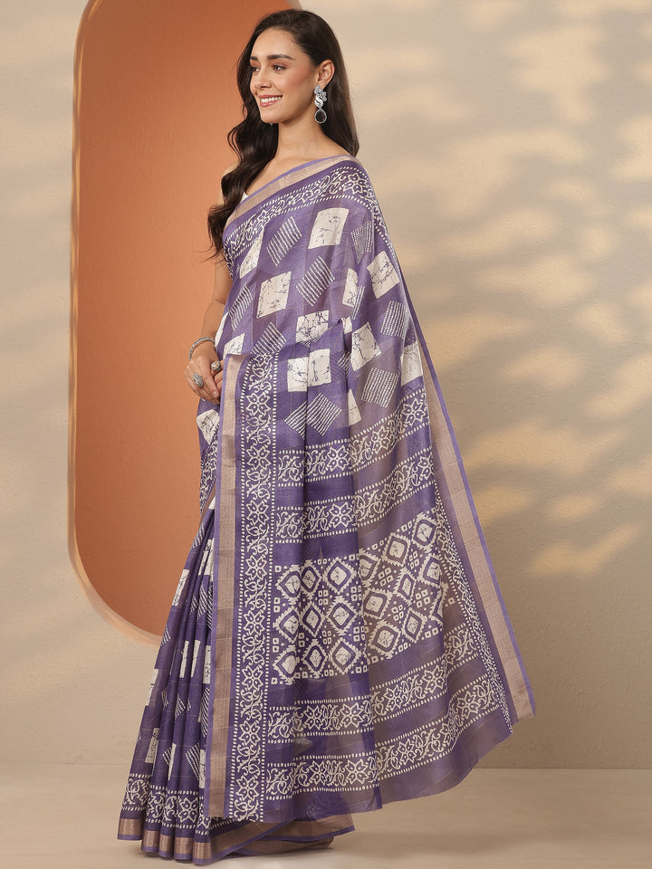 Lavender Printed Silk Blend Saree With Unstitched Blouse Piece
