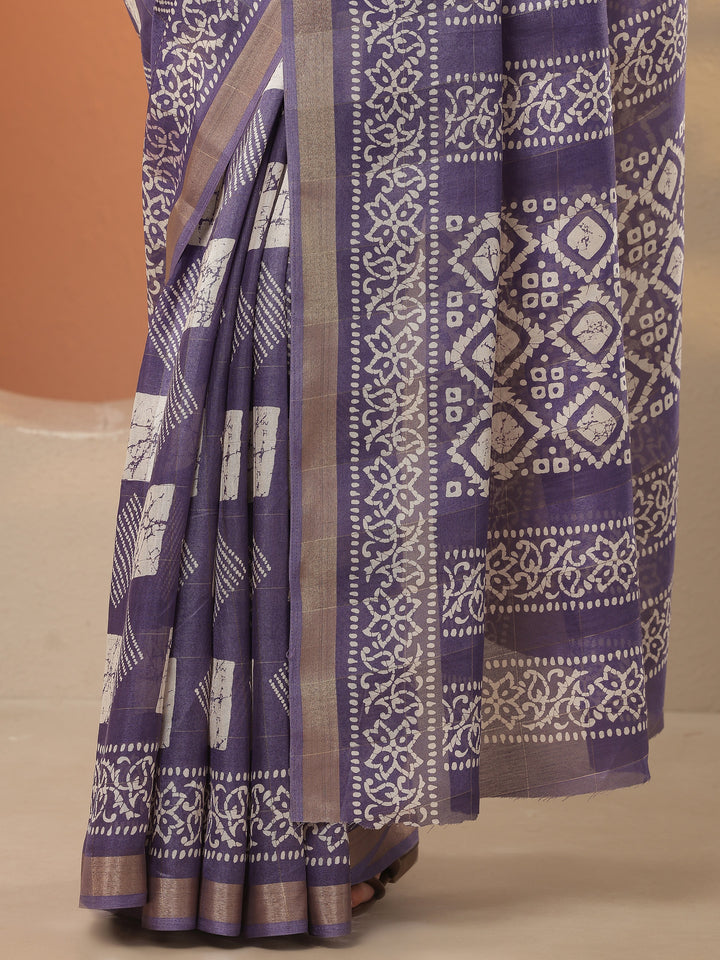 Lavender Printed Silk Blend Saree With Unstitched Blouse Piece