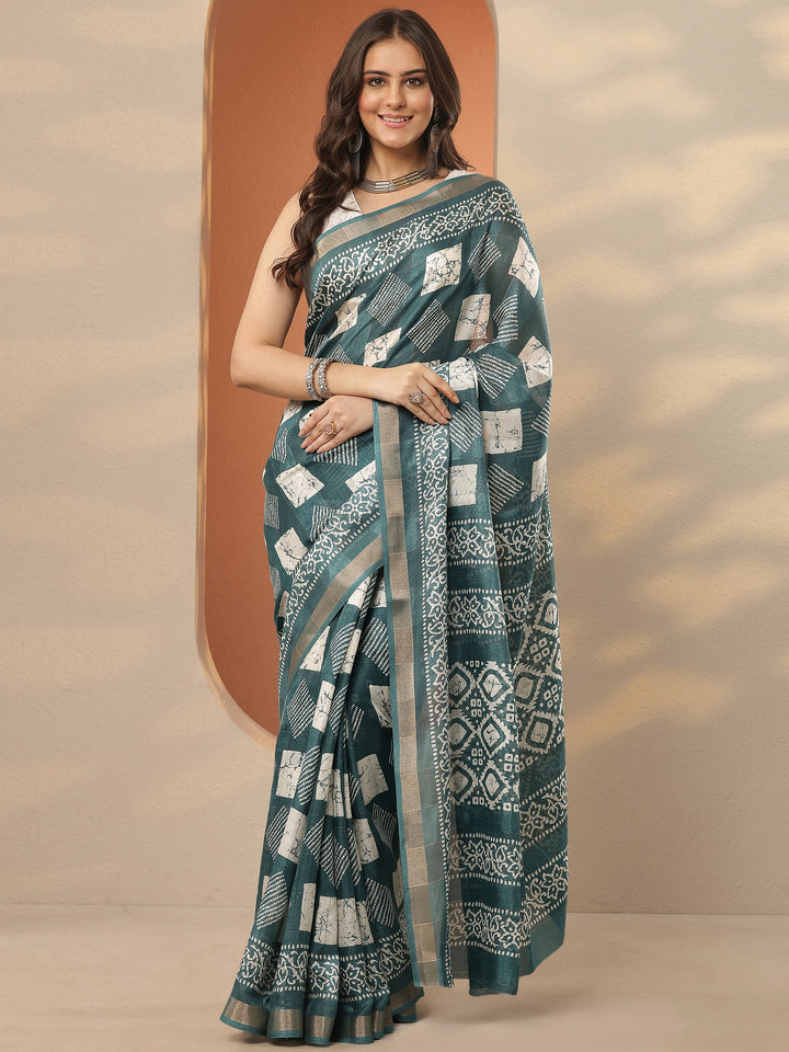 Green Printed Silk Blend Saree With Unstitched Blouse Piece