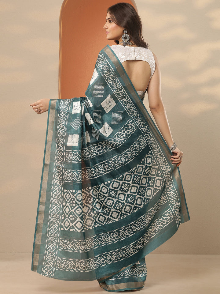 Green Printed Silk Blend Saree With Unstitched Blouse Piece