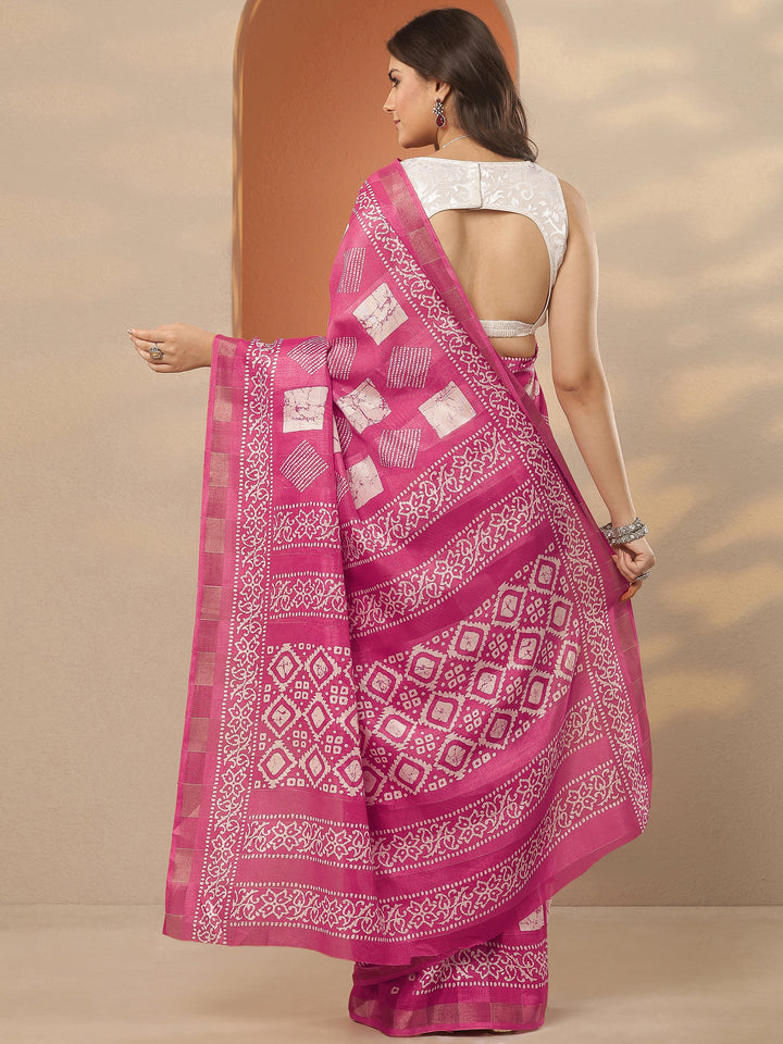 Pink Printed Silk Blend Saree With Unstitched Blouse Piece