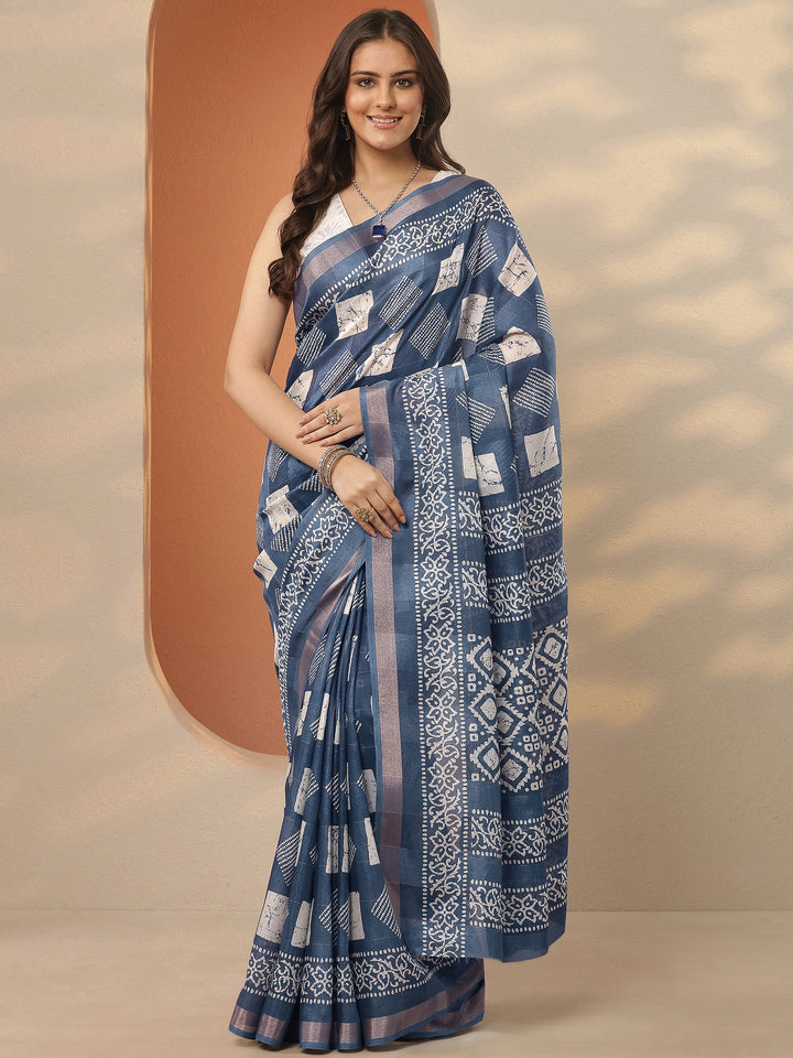 Blue Printed Silk Blend Saree With Unstitched Blouse Piece