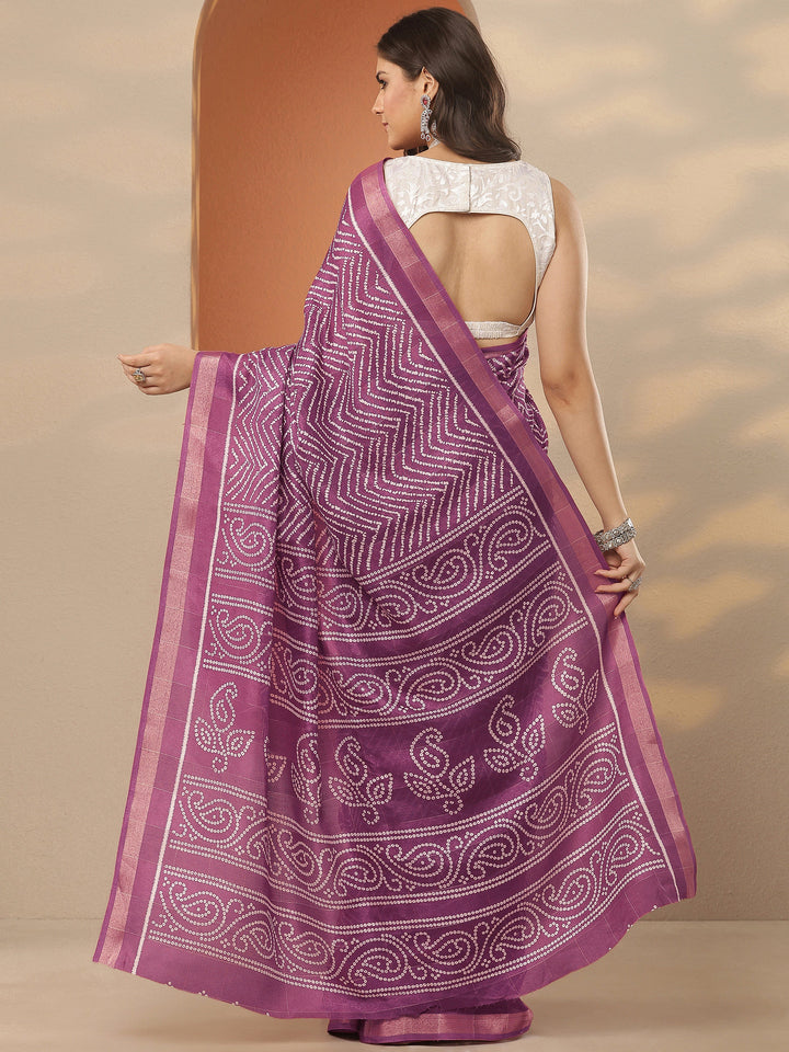 Mauve Leheriya Printed Silk Blend Saree With Unstitched Blouse Piece