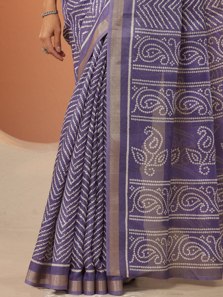 Lavender Leheriya Printed Silk Blend Saree With Unstitched Blouse Piece
