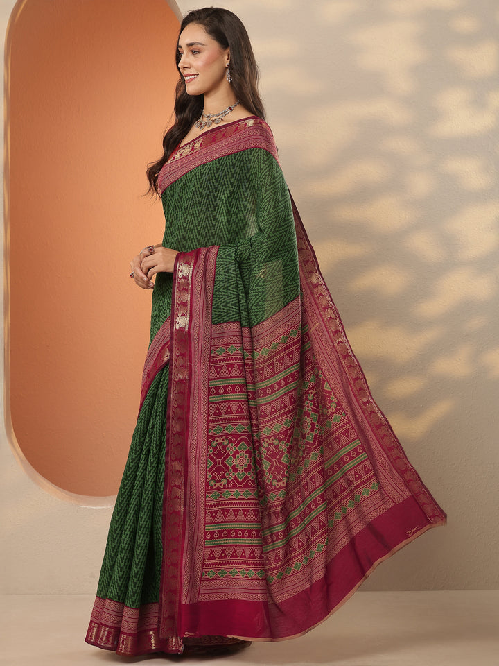 Green Leheriya Printed Silk Blend Saree With Unstitched Blouse Piece