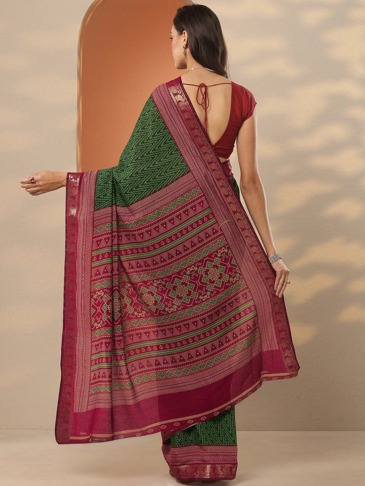 Green Leheriya Printed Silk Blend Saree With Unstitched Blouse Piece