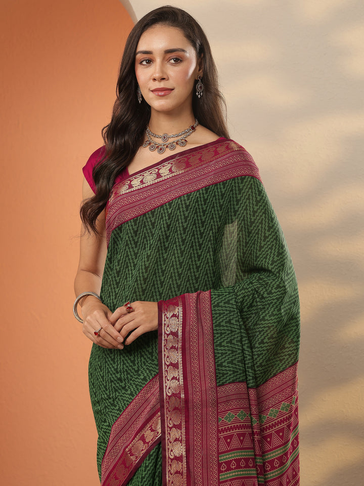 Green Leheriya Printed Silk Blend Saree With Unstitched Blouse Piece