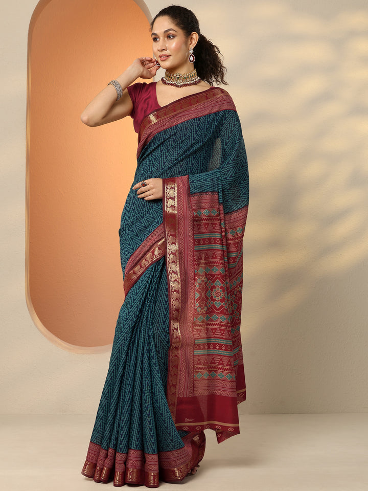 Blue Chevron Printed Silk Blend Saree With Unstitched Blouse Piece