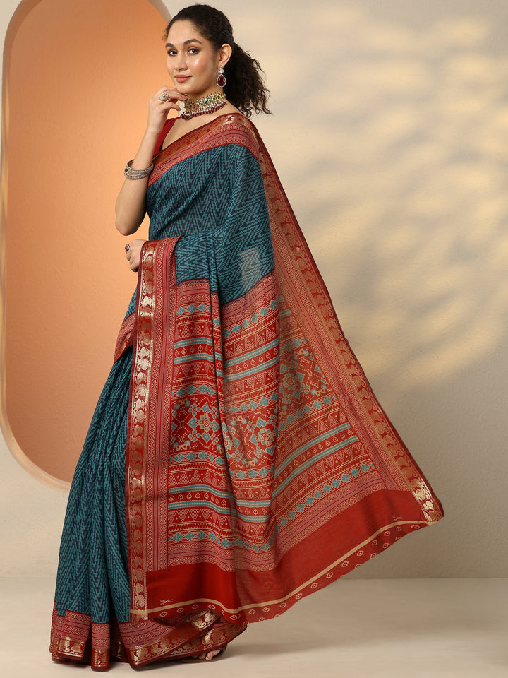 Blue Chevron Printed Silk Blend Saree With Unstitched Blouse Piece