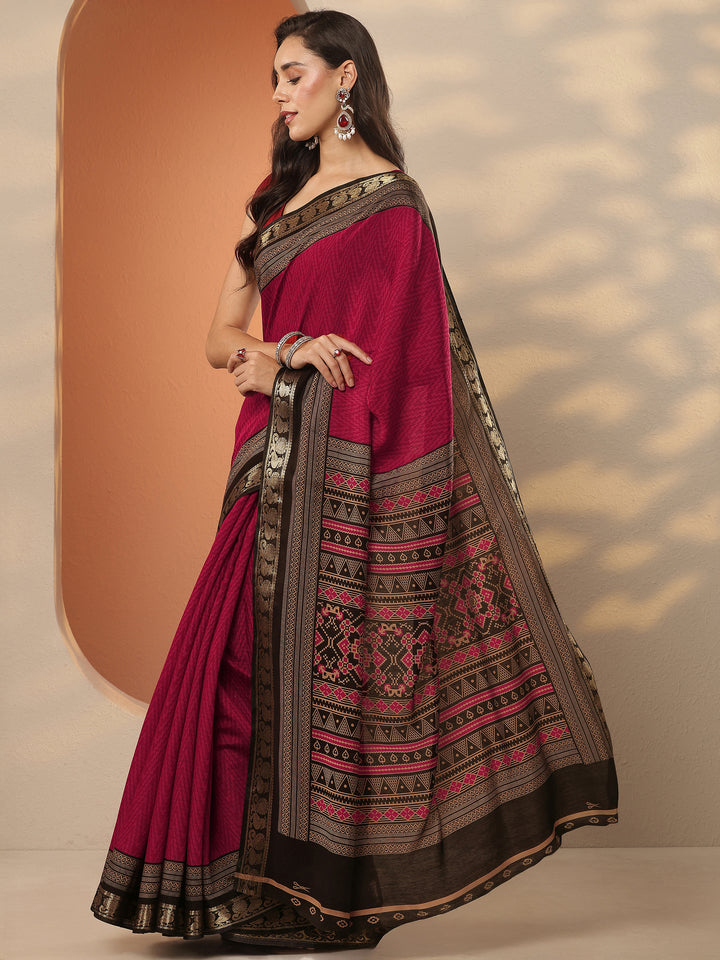 Red Leheriya Printed Silk Blend Saree With Unstitched Blouse Piece
