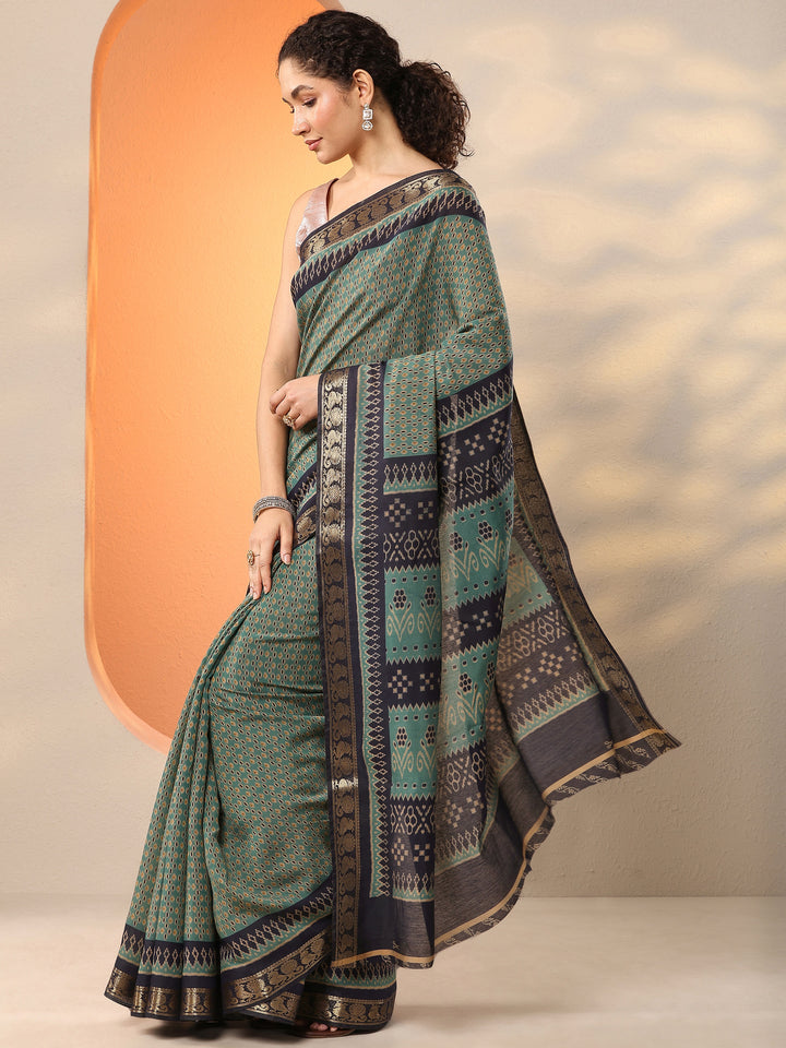 Green Ikat Printed Silk Blend Saree With Unstitched Blouse Piece
