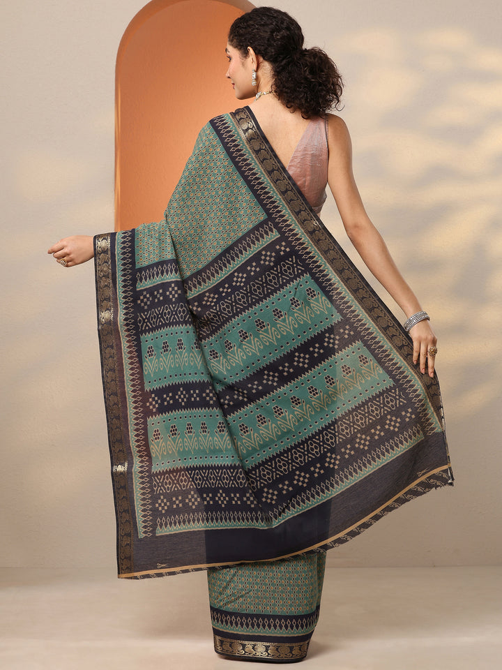 Green Ikat Printed Silk Blend Saree With Unstitched Blouse Piece