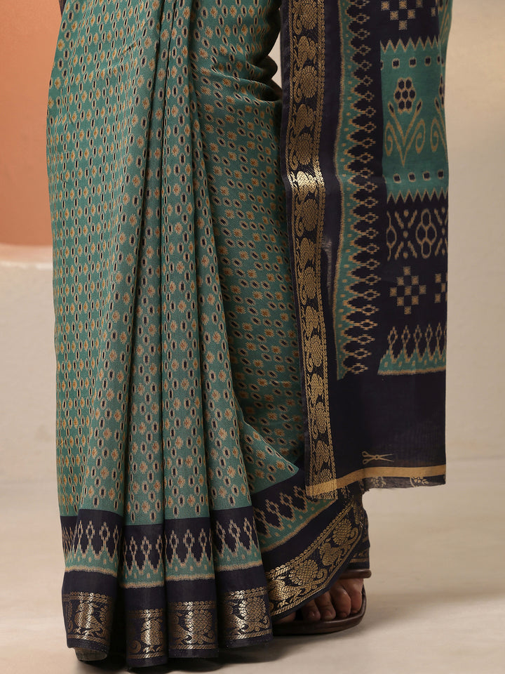 Green Ikat Printed Silk Blend Saree With Unstitched Blouse Piece