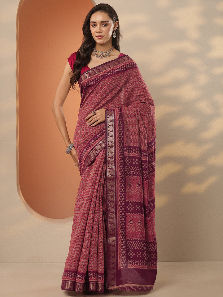 Brown Printed Silk Blend Saree With Unstitched Blouse Piece