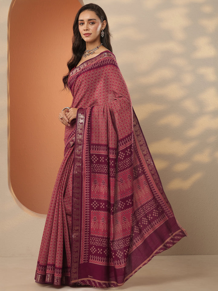 Brown Printed Silk Blend Saree With Unstitched Blouse Piece