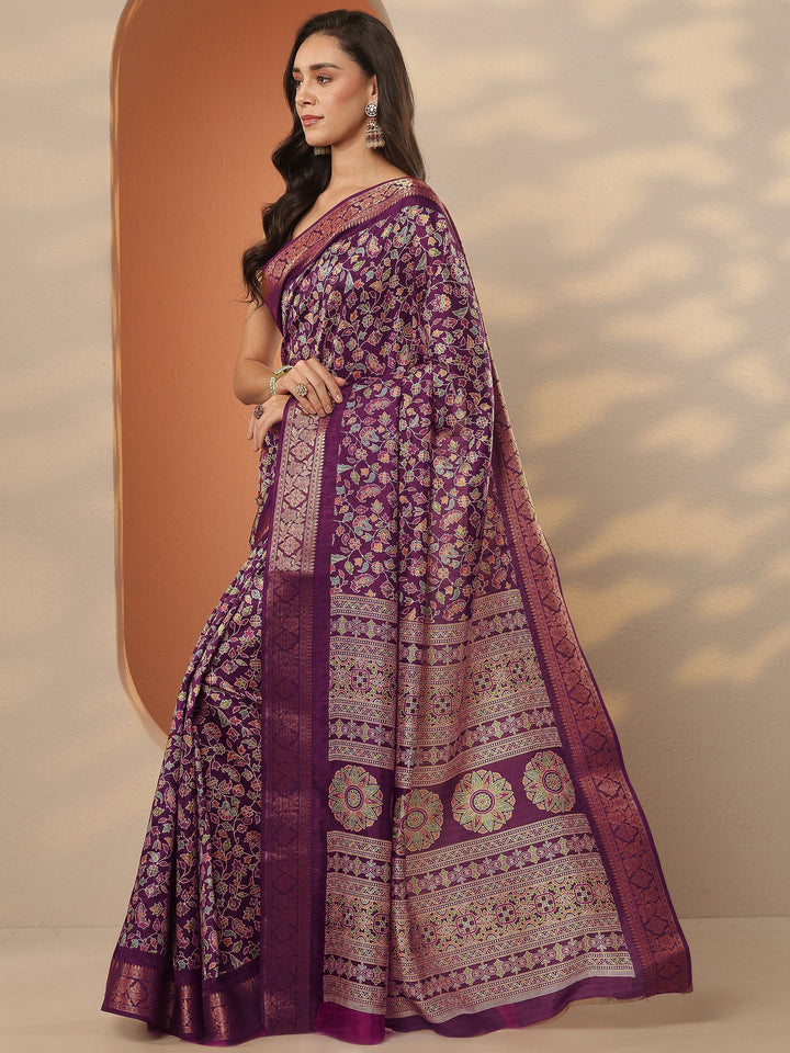Burgundy Printed Silk Blend Saree With Unstitched Blouse Piece