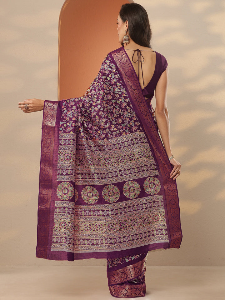 Burgundy Printed Silk Blend Saree With Unstitched Blouse Piece