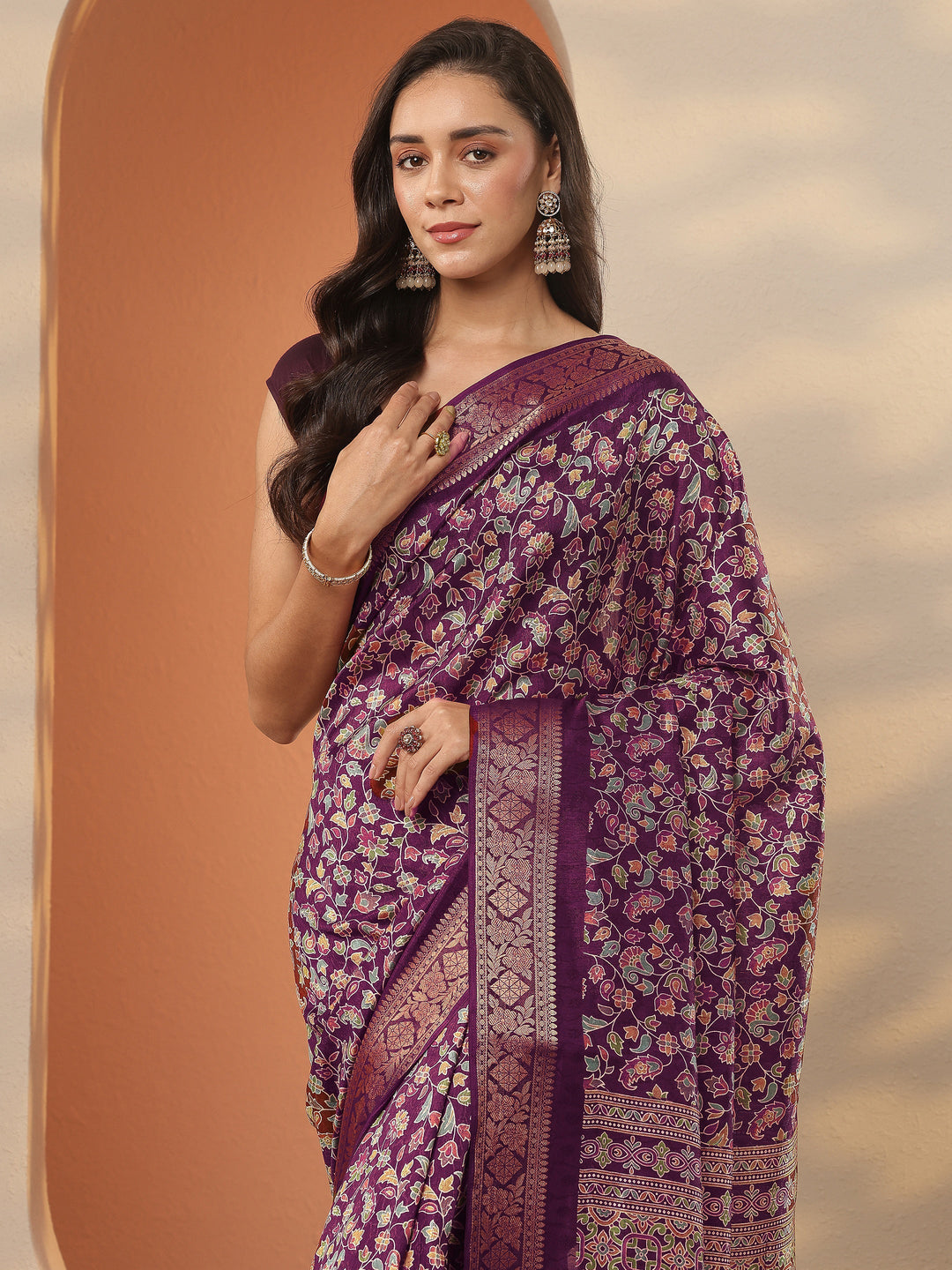 Burgundy Printed Silk Blend Saree With Unstitched Blouse Piece