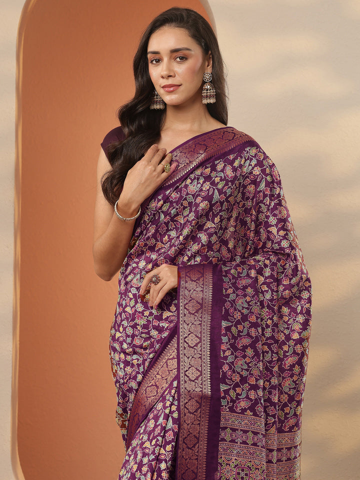 Burgundy Printed Silk Blend Saree With Unstitched Blouse Piece
