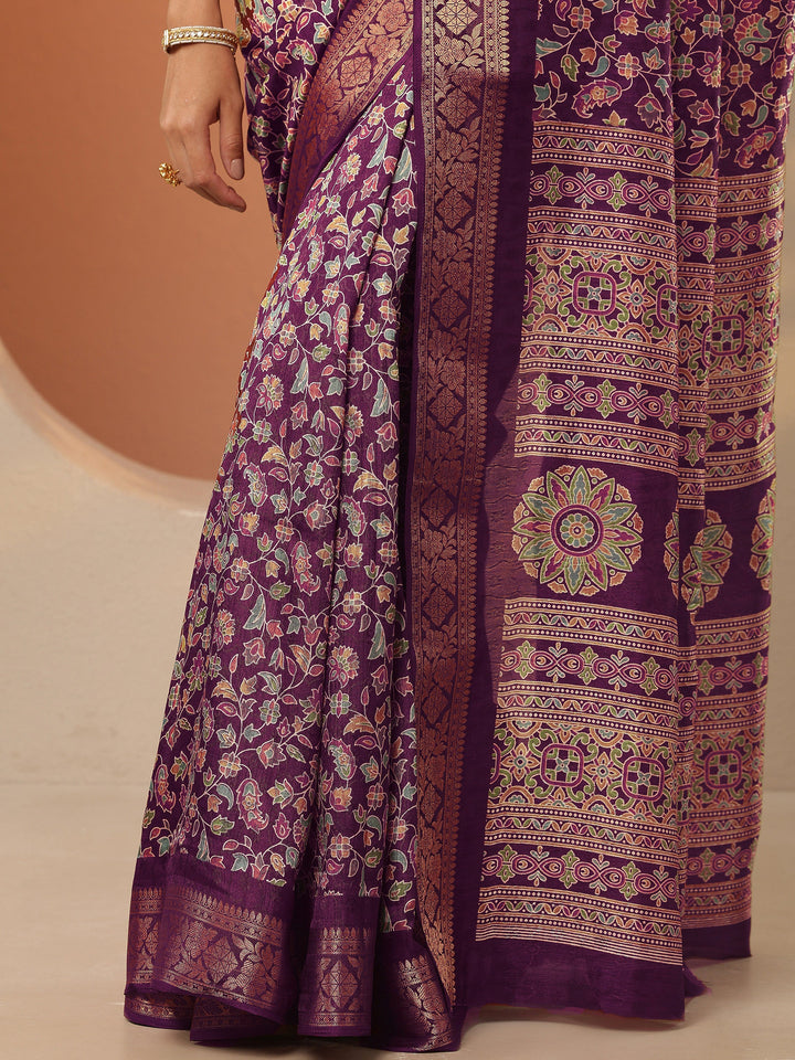 Burgundy Printed Silk Blend Saree With Unstitched Blouse Piece