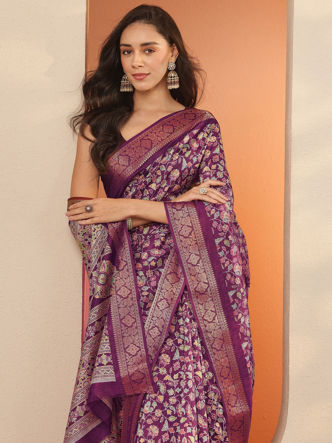 Burgundy Printed Silk Blend Saree With Unstitched Blouse Piece
