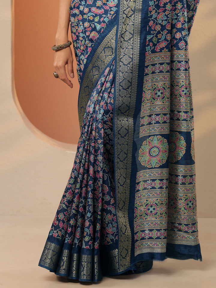 Navy blue Printed Silk Blend Saree With Unstitched Blouse Piece
