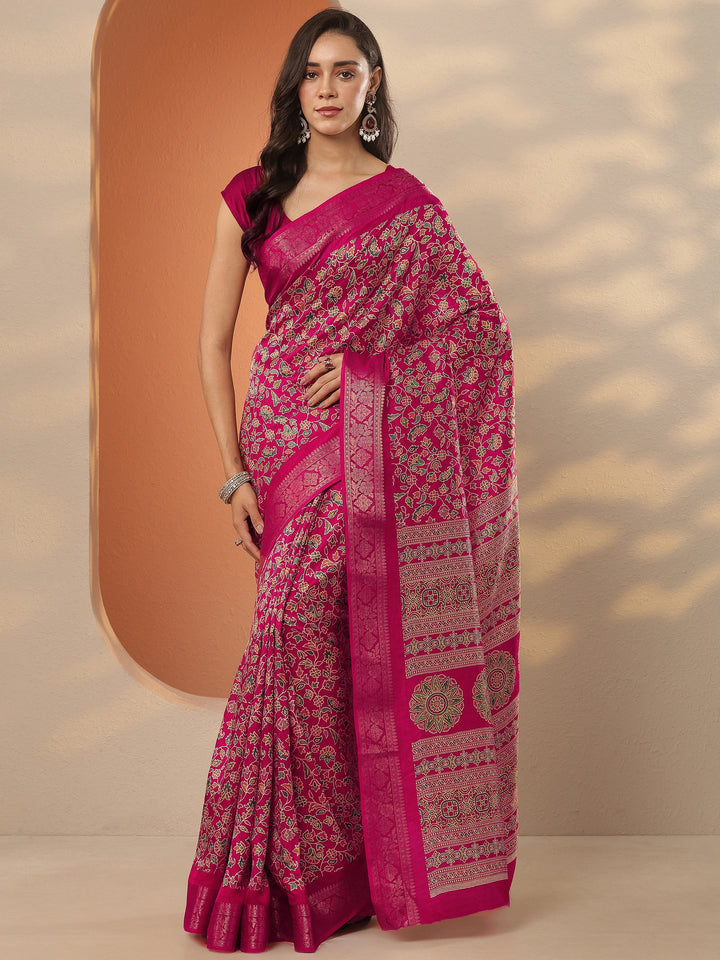 Pink Printed Silk Blend Saree With Unstitched Blouse Piece