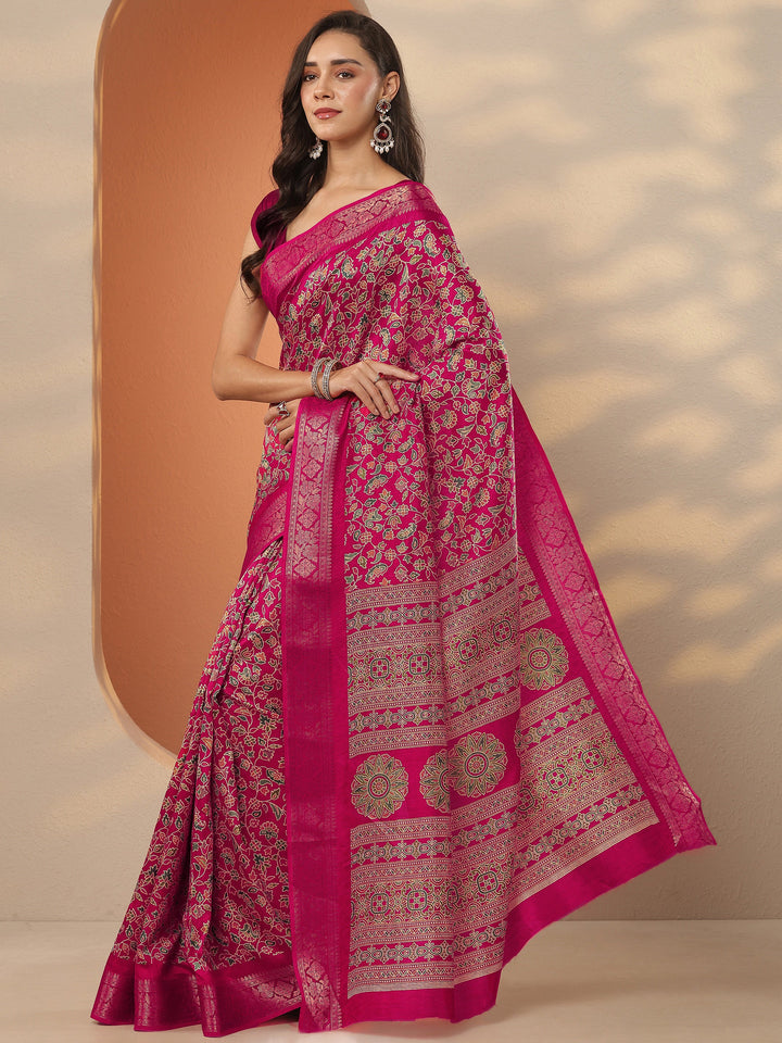 Pink Printed Silk Blend Saree With Unstitched Blouse Piece