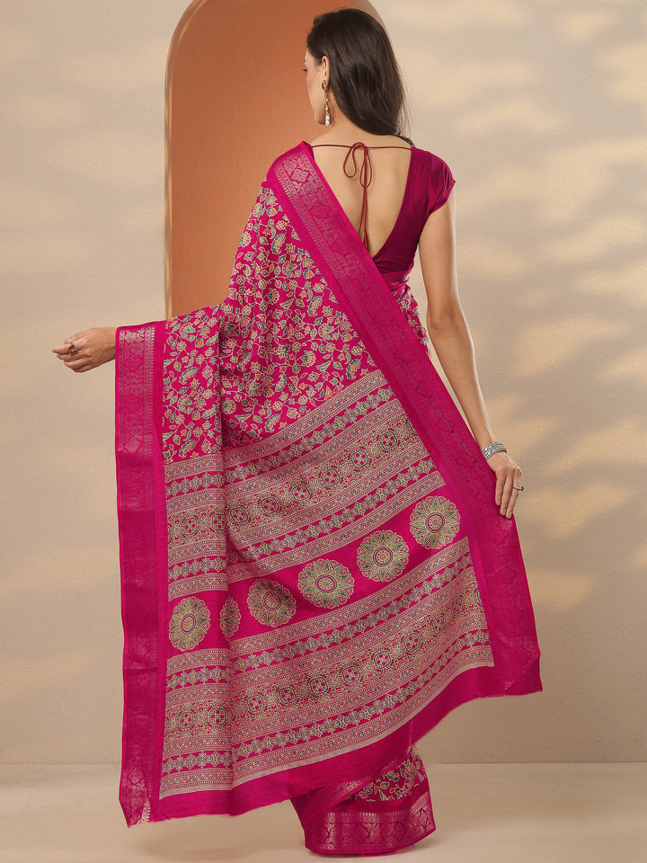 Pink Printed Silk Blend Saree With Unstitched Blouse Piece