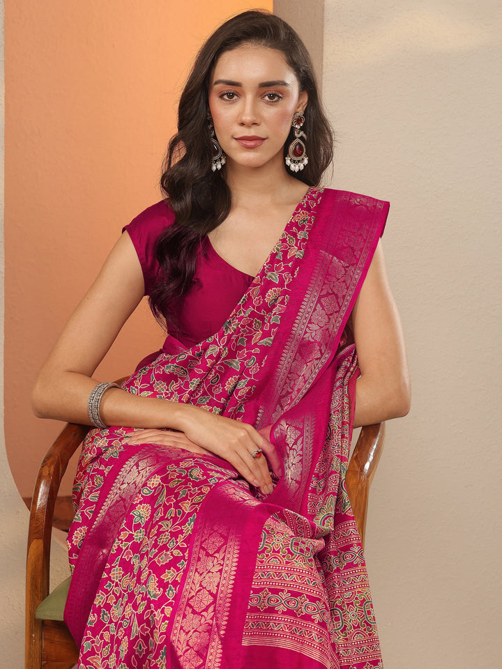 Pink Printed Silk Blend Saree With Unstitched Blouse Piece